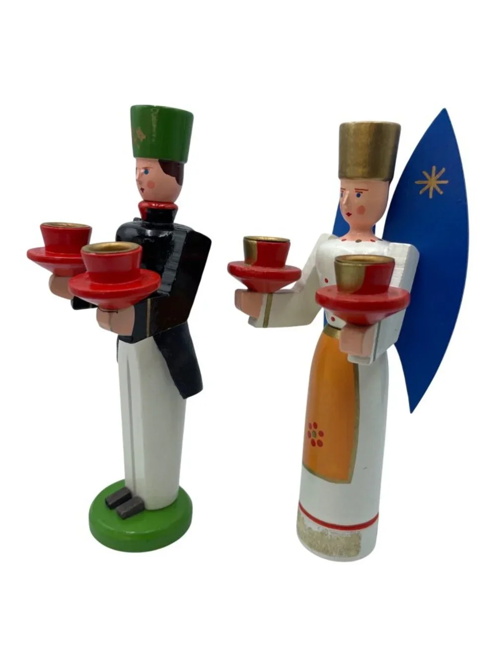 Vintage German Wooden Angel & Miner Candle Holders Hand-Painted Christmas Decor